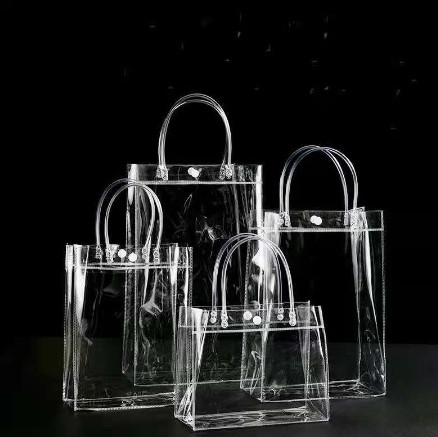 Clear PVC Tote Bag with Button / Transparent Shopping Bag / 
